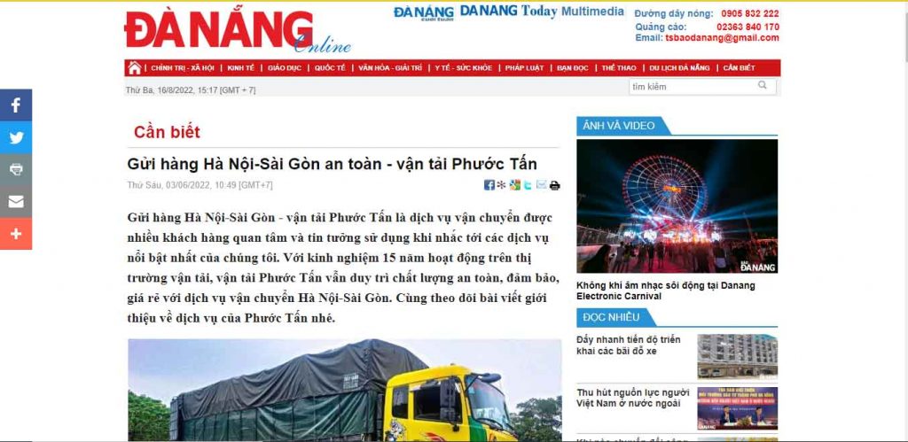 báo đà nẵng viết về công ty TNHH vận tải Phước Tấn